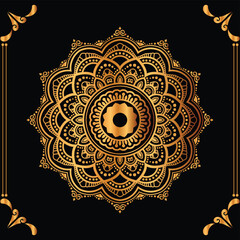 Luxury mandala design black background in gold color
