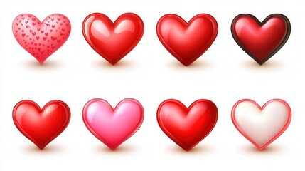 Glossy Red Pink White Hearts Collection On White Background