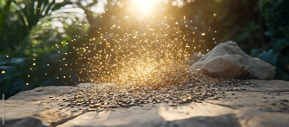 Aufkleber golden dust exploding on rocks in a lush green setting