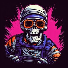 Skull Astronaut Gripping Steering Wheel Against Vibrant Background. Generative AI