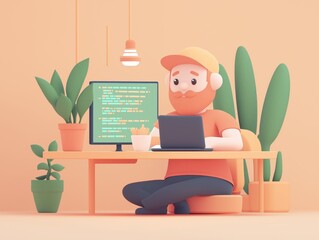 Bearded programmer working remotely sitting on a cushion at his desk, using laptop and computer with code displayed on screen