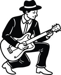 Man playing an guitar silhouette vector drawing, man playing an electric guitar line art vector, man playing an guitar premium vector illustration design
