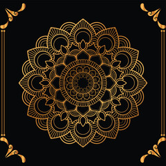 Luxury mandala design black background in gold color
