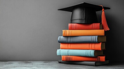 Graduation cap on pile of colorful books against gray background