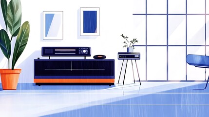 Minimalist Room Interior with Retro Stereo System and Plants