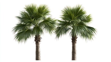 Two palm trees isolated on white background; tropical landscaping design