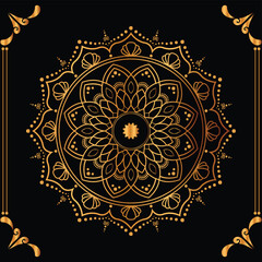Luxury mandala design black background in gold color
