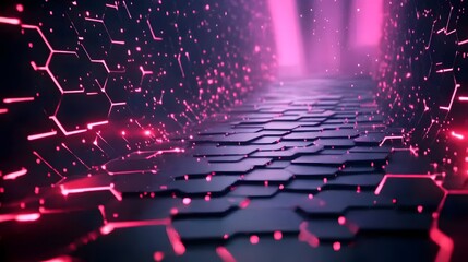 Obraz premium Abstract black and red hexagonal pattern with glowing neon lights, creating a futuristic and otherworldly atmosphere. The dark purple background with soft pink reflections adds depth and contrast