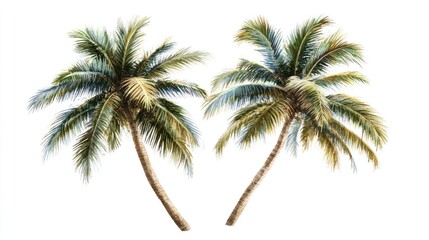 Fototapeta premium Tropical paradise Two palm trees on white background, ideal for travel brochures