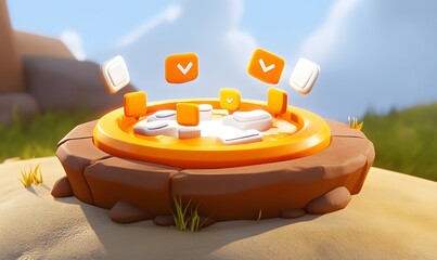 Orange platform with checkmarks, desert background, digital achievement, game design