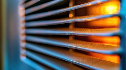 A close-up of a dusty air vent grille in a living room.