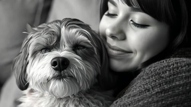 Tender moment: woman embracing sleeping dog in cozy grayscale scene