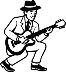 Man playing an guitar silhouette vector drawing, man playing an electric guitar line art vector, man playing an guitar premium vector illustration design
