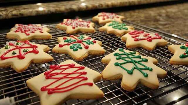 Festive christmas cookies on cooling rack with colorful icing patterns
