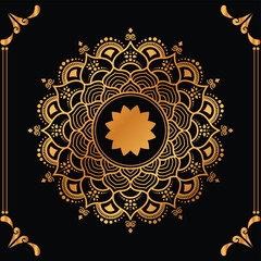 Luxury mandala design black background in gold color
