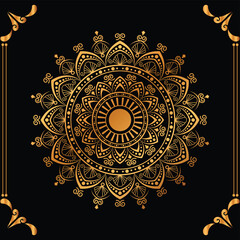 Luxury mandala design black background in gold color
