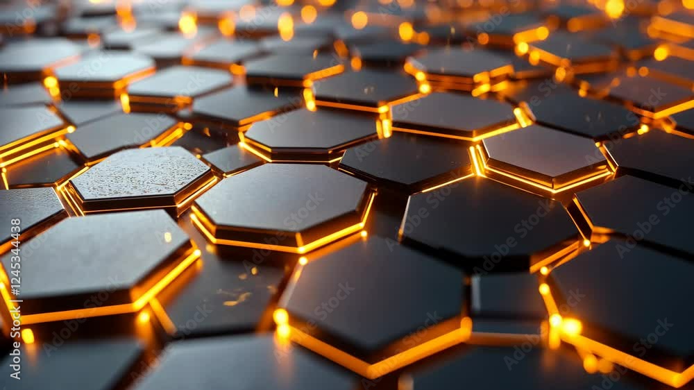 Poster glowing hexagonal grid pulsating with dynamic energy and warm light