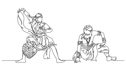 continuos lineart of warokan and jaran kepang dancer collaboration