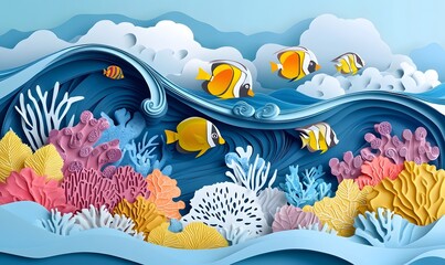 Paper-cut ocean wave, fish, coral reef scene, summer background, kids' book illustration