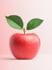 Fresh Red Apple with Green Leaves on Soft Pink Background