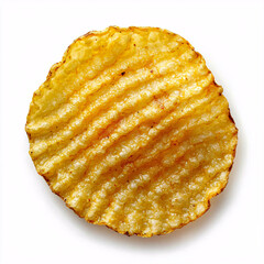 Close-up shot of a single corrugated, golden potato chip, with textured surface and ruffled edges on a white background.