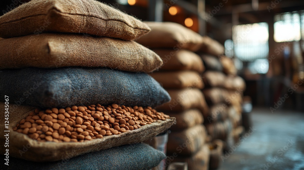 Poster stacks of burlap sacks filled with almonds in a rustic warehouse setting with soft lighting