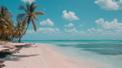 Obraz premium A stunning tropical beach with shimmering, crystal-clear turquoise waters stretches into the horizon