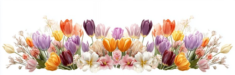 Fototapeta premium Multicolored Tulips and Spring Flowers Horizontal Border
