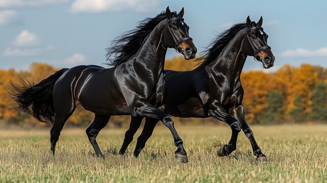 Two black horses running in autumn field