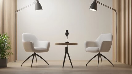 Professional recording podcast studio setup featuring two armchairs, a microphone, a small table, lamps, and a minimalist design, ready for podcasting or interviews