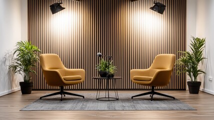 Professional recording podcast studio blogger setup featuring two armchairs, a microphone, a small table, lamps, and a minimalist design, ready for podcasting or interviews