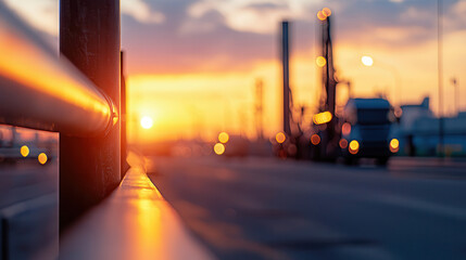Fototapeta premium beautiful sunset over road with blurred foreground and industrial background, creating serene atmosphere