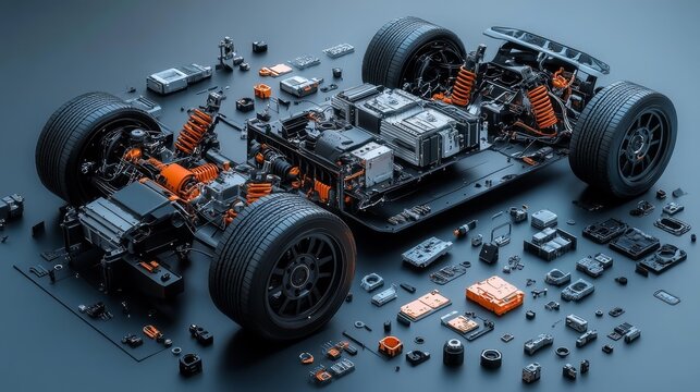 Exploded View of Electric Vehicle Platform with Detailed Components. Generative AI