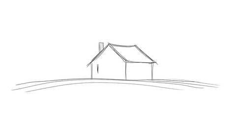 Minimalistic Continuous Line Drawing of a Simple House in a Serene Landscape Setting