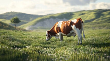 Cow grazing in grassy field, rolling hills background, pastoral scene, farm animal image