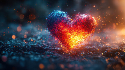  Abstract fractured heart, with glowing vibrant shards in red, blue, and yellow suspended in space, connected by flowing light patterns, symbolizing emotional energy, brokenness, and recovery
