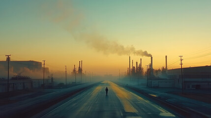 solitary figure walks along empty road near oil refinery at dawn, with smoke rising against colorful sky