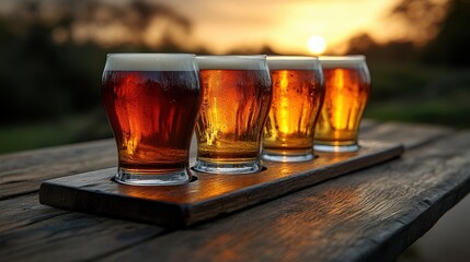 Four glasses of craft beer on a wooden table at sunset, showcasing different colors and textures