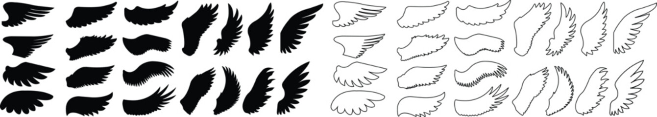 Wings with long feather icon in line and flat set. . Angel or bird Heraldic vintage army insignia emblem phoenix hawk. Flying winged frame. vector logotype apps web isolated on transparent background