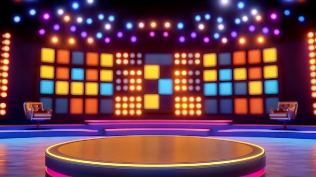 Large game show stage with bright lights, a central podium, and a Wheel of Fortune-style spinning wheel in the background. The blurred studio audience seats enhance the vibrant and energetic atmospher