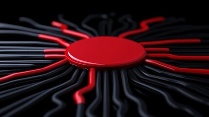 Digital Network: High-angle shot of a red circular element with dark wires extending in various directions, forming a futuristic network.