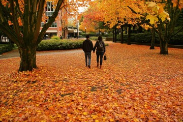 Couple Walking Through Park in Autumn Leaves