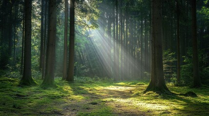 Sunbeams Illuminating a Mystical Forest