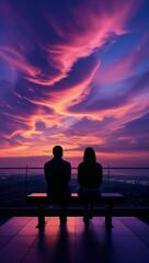 Obraz premium Image is a vibrant landscape photograph featuring a stunning sunset sky with dramatic, swirling clouds in shades of purple, pink, and orange. In the foreground, two silhouetted figures are seated.
