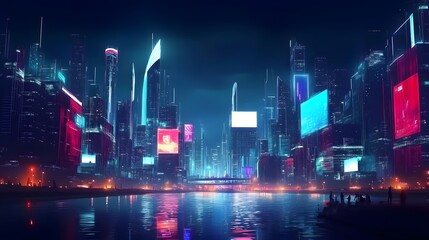 Futuristic cityscape at night with towering skyscrapers illuminated by neon lights and holographic billboards. A river flows through the center, reflecting vibrant streetlights