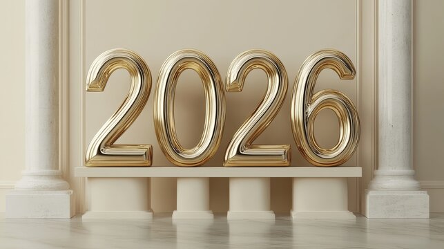 Elegant gold 2026 numerals on classical column display