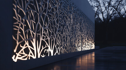Illuminated tree branch pattern on modern wall.