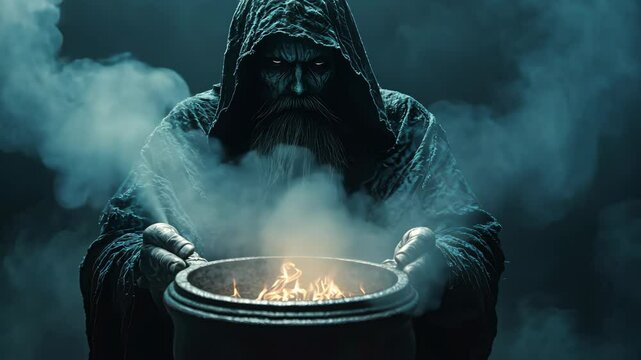 Mysterious hooded figure summoning smoke from fiery cauldron in dim light