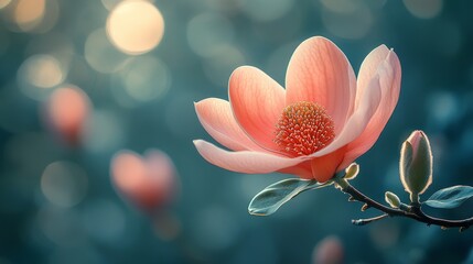 Fototapeta premium Macro shot of blooming pink magnolia flower with soft sunlight and bokeh background