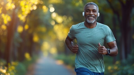 Mature african male runner enjoying morning jog in nature with headphones